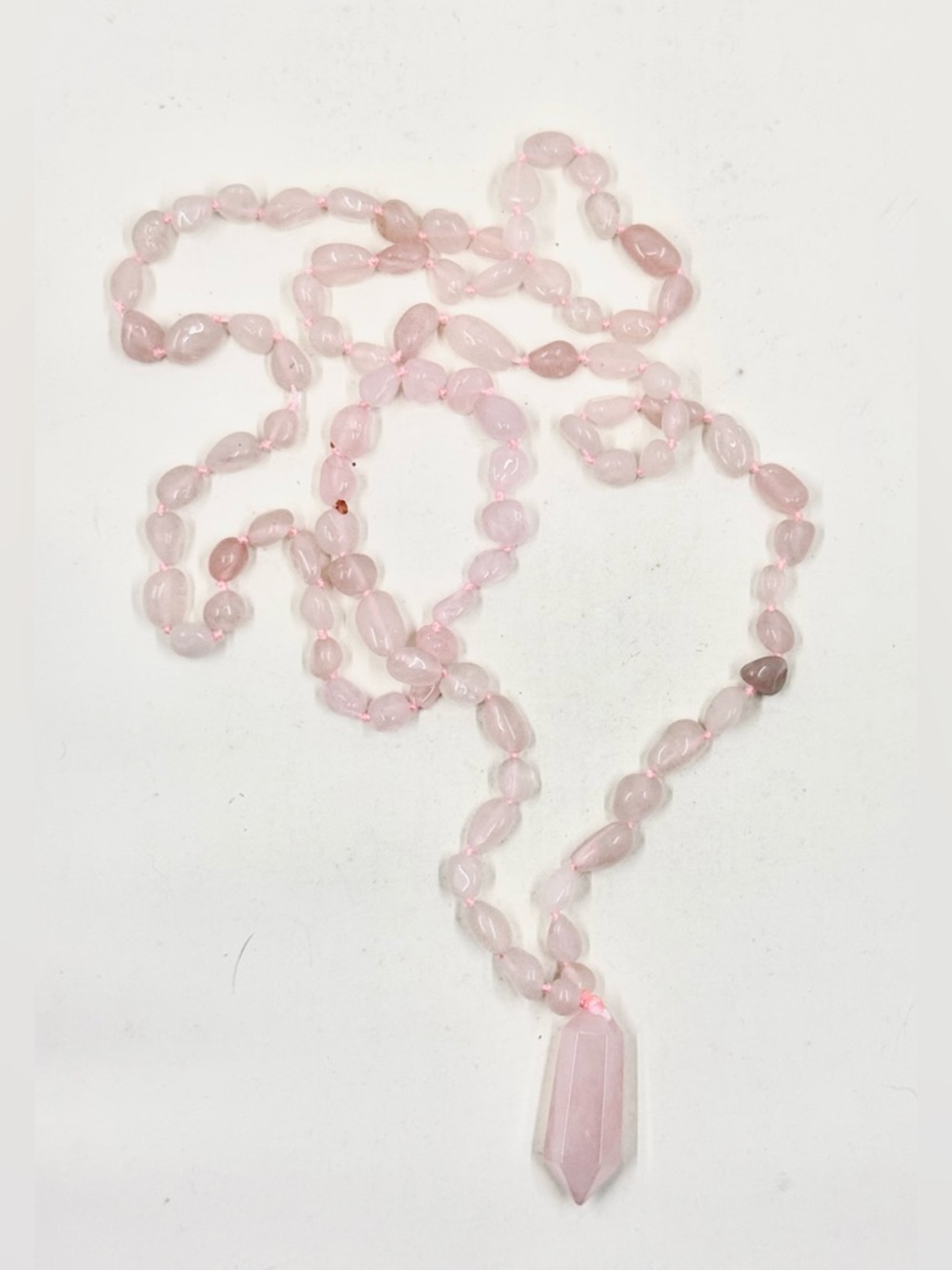 Natural Rose Quartz Beaded Hand Knotted Crystal Pendant Necklace 36”